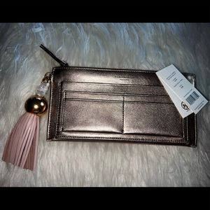 Tory Burch Metallic Tassel Top Zip Wallet Rose Leather Clutch